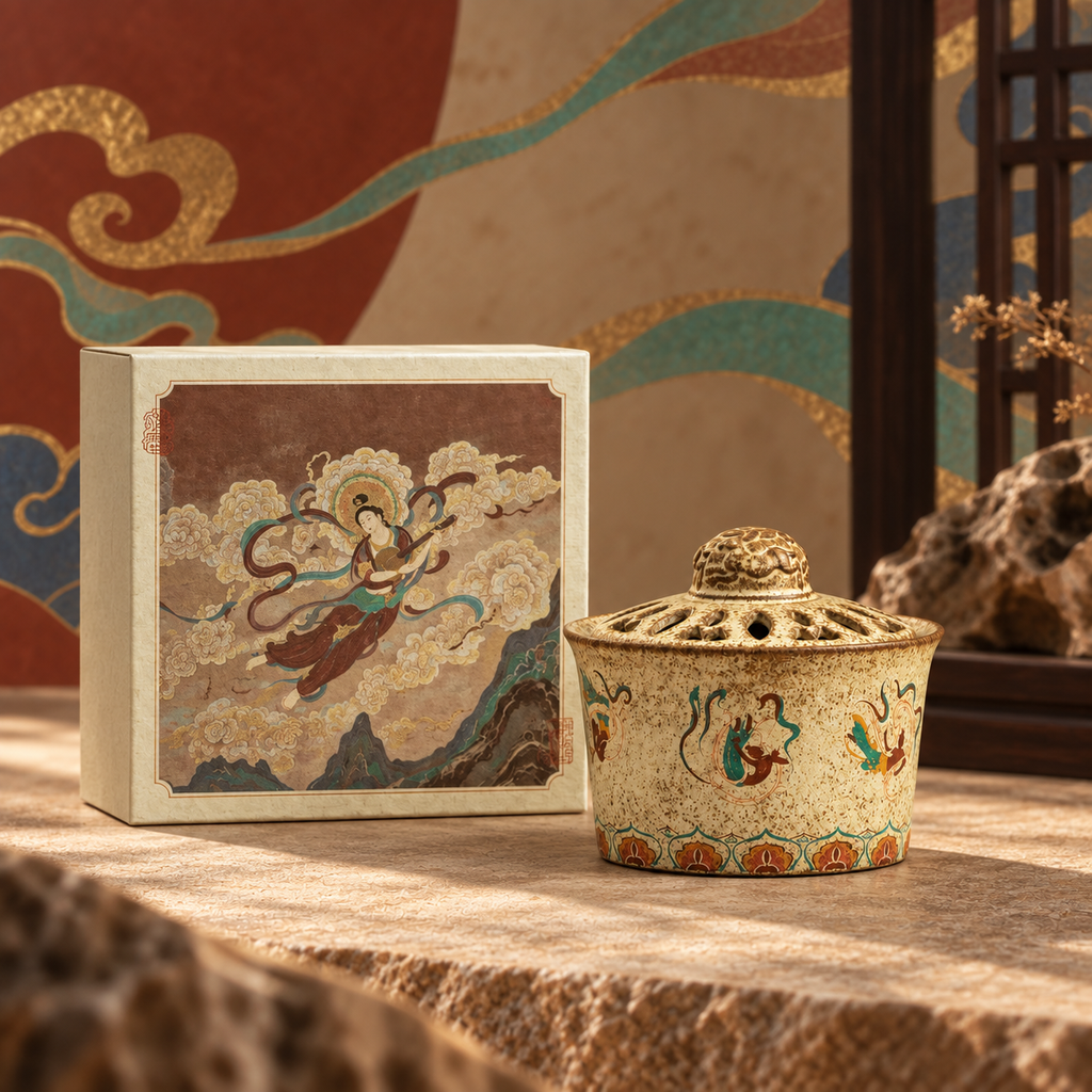 Flying Apsaras lidded incense diffuser beside its illustrated presentation box.