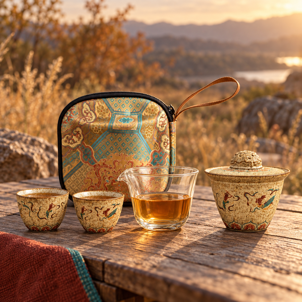 Flying Apsaras travel tea set arranged for tea on an outdoor wooden table.