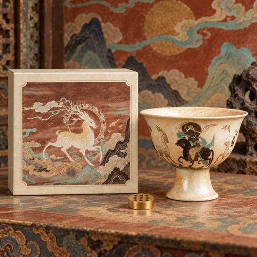 Deer King Jataka incense vessel gift set with illustrated box and nine-hole incense base.