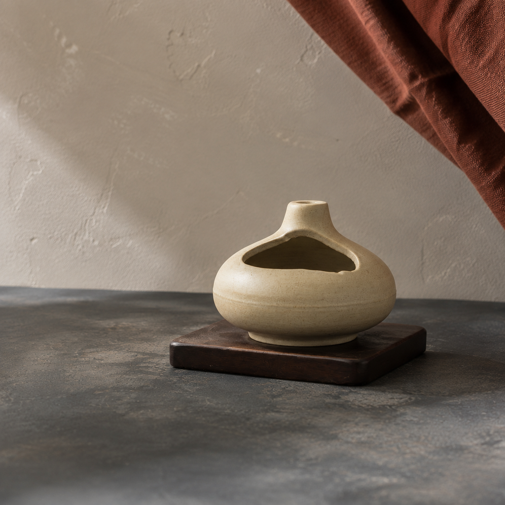 Low sandy ceramic incense burner displayed on a dark square wood base.