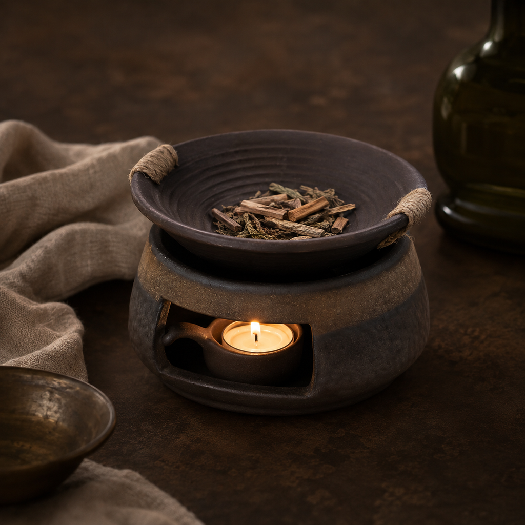 Dry aromatic materials gently warmed in the upper ceramic bowl.