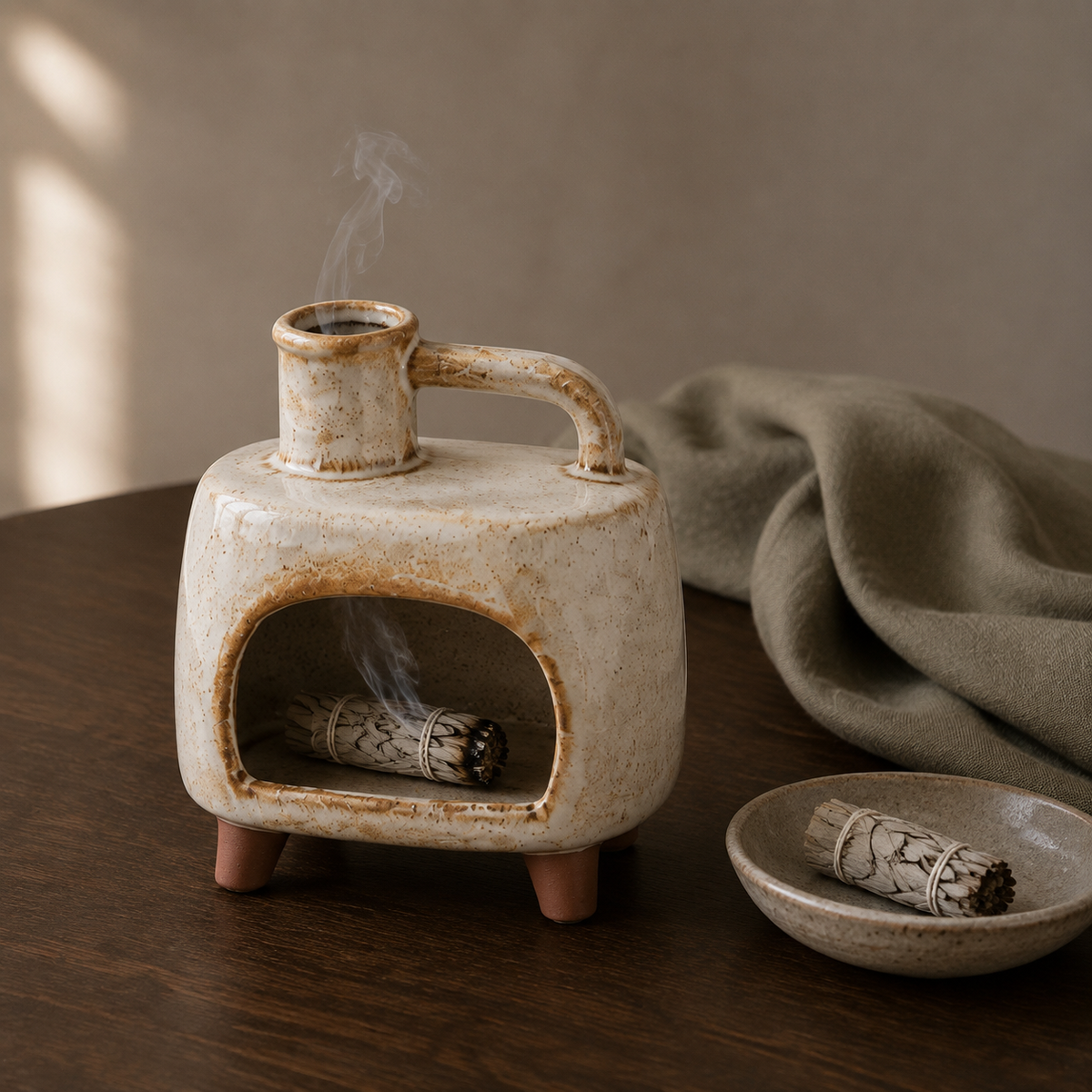 Square Handle ceramic incense burner used with a smouldering sage bundle on dark walnut.