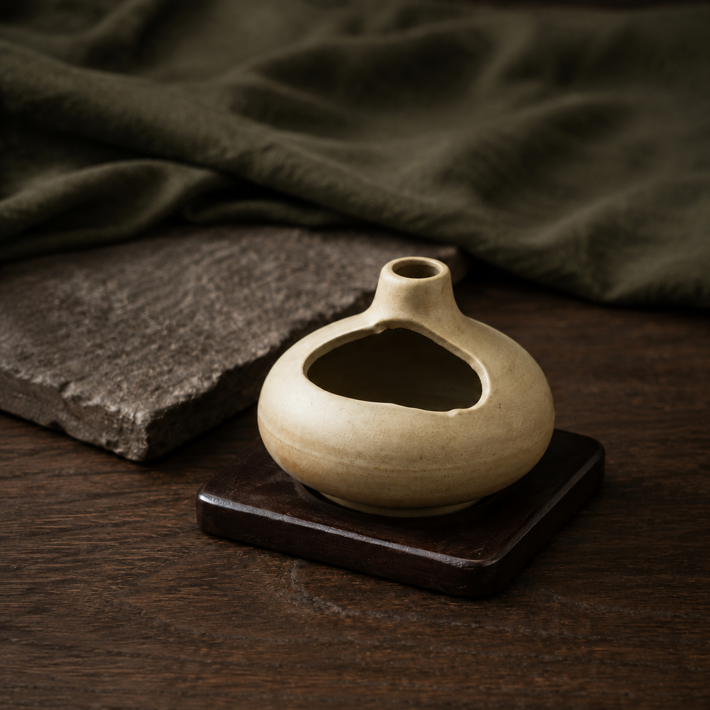 Three-quarter view of the low ceramic incense burner showing its open chamber and wood base.