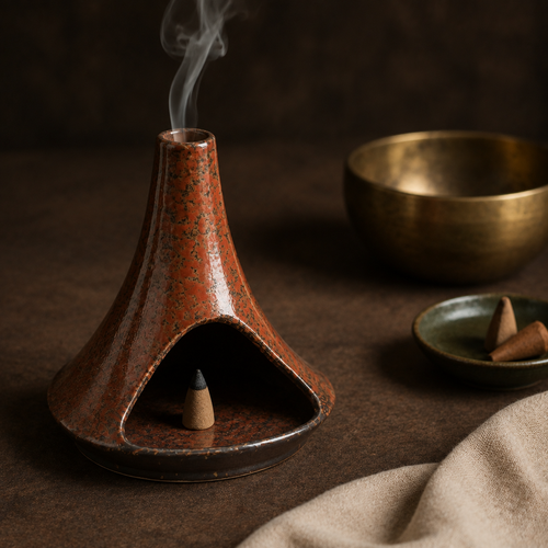 Rust ceramic chimney incense burner used with a smouldering incense cone.