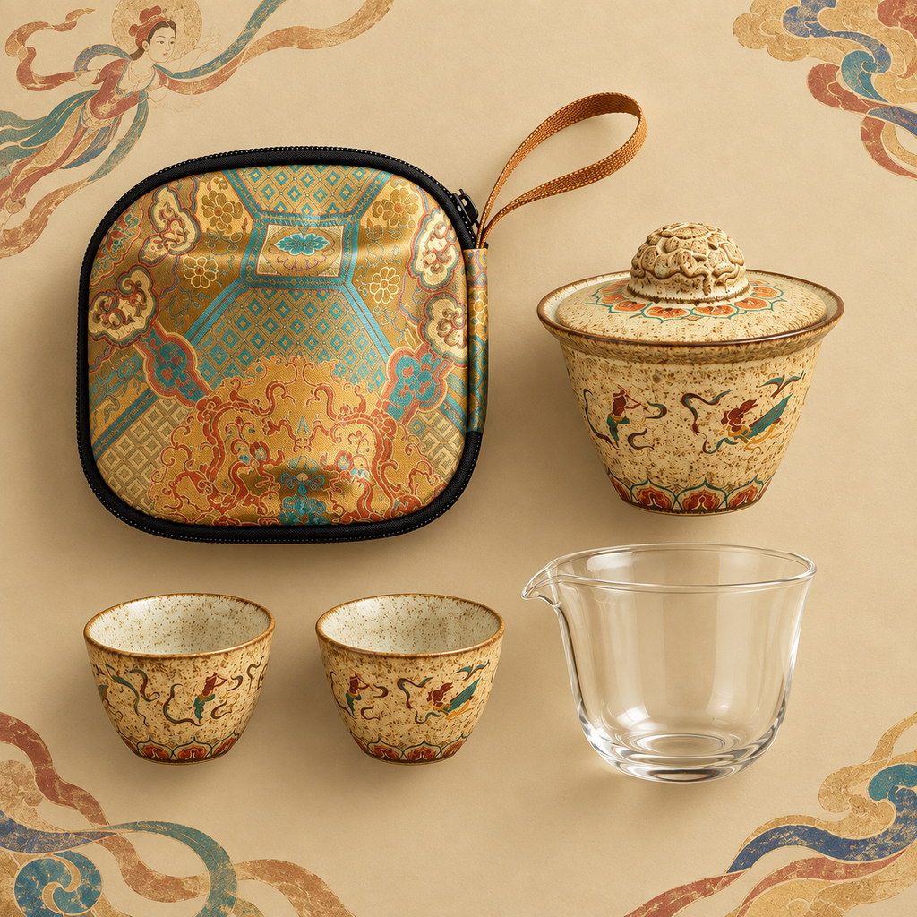 Overhead view of the five-piece Dunhuang-inspired portable tea set.