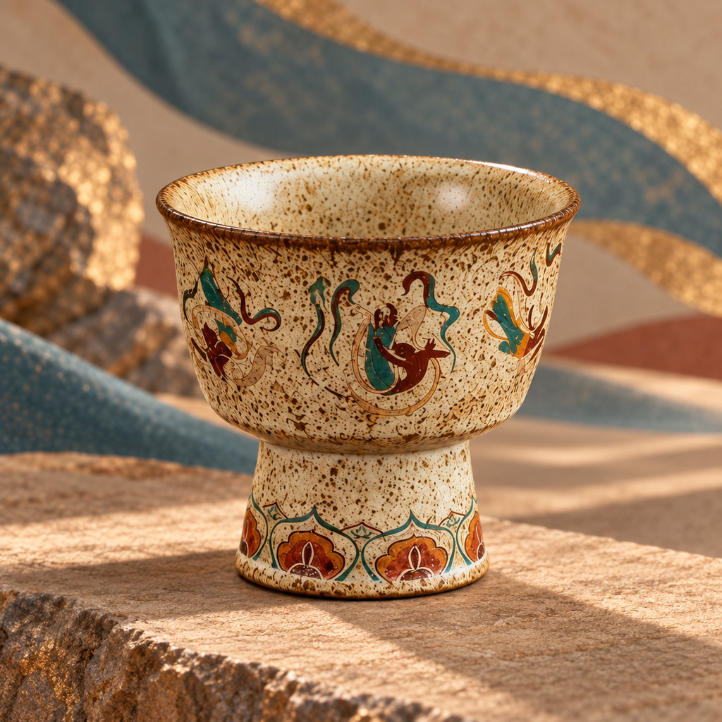 Close view of flying apsaras, flowing ribbons and speckled ceramic surface.