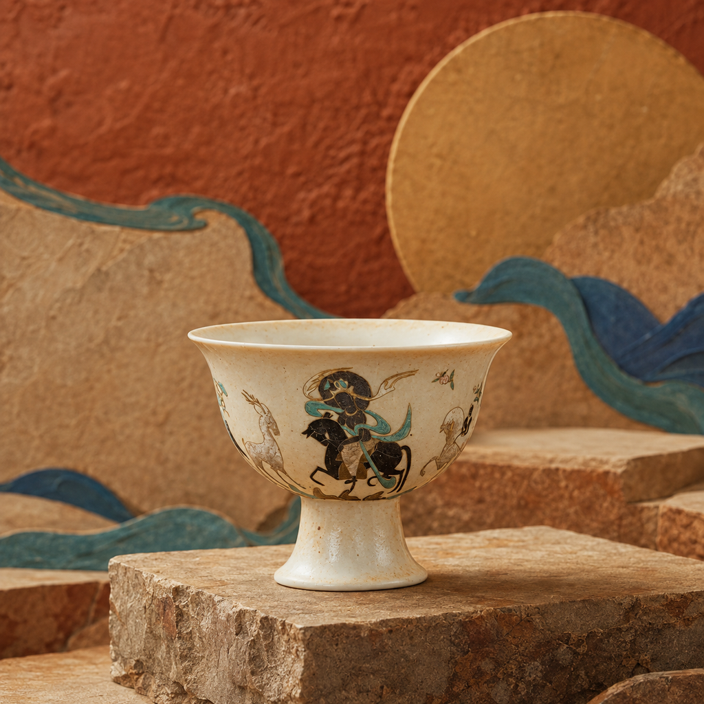 Deer King Jataka ceramic pedestal incense holder on a Dunhuang-inspired mineral-colour backdrop.