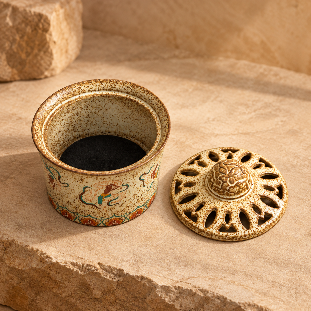 Open Flying Apsaras incense burner showing the removable vented lid and dark inner resting layer.