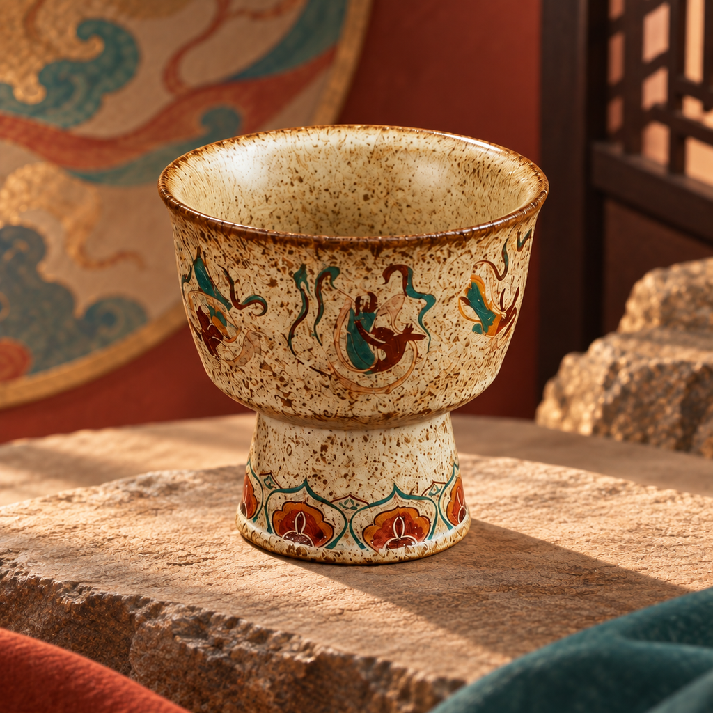 Empty pedestal incense vessel showing its deep interior, dark rim and decorated foot.