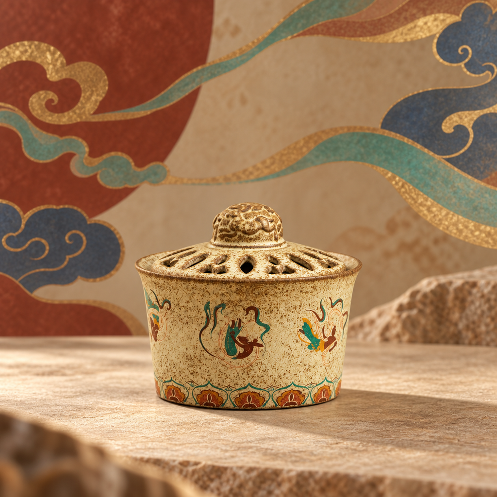 Flying Apsaras lidded ceramic incense diffuser on a Dunhuang-inspired mineral-colour backdrop.