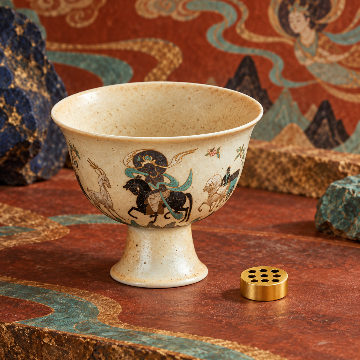 Ceramic pedestal incense vessel with its removable gold-tone nine-hole incense base.