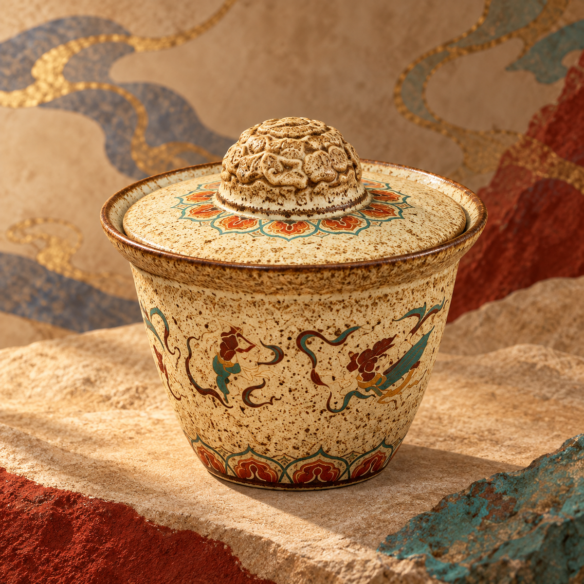 Lidded ceramic brewing vessel with flying apsaras, floral knob and mineral-toned decoration.