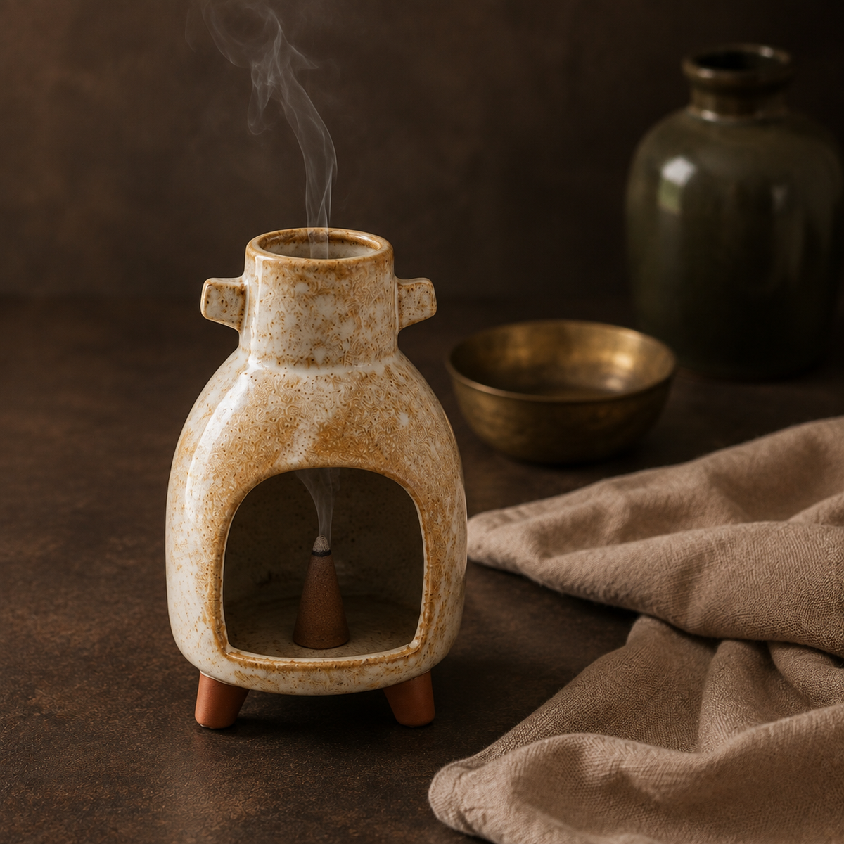 Twin Lug ceramic incense burner used with an incense cone in a warm evening setting.
