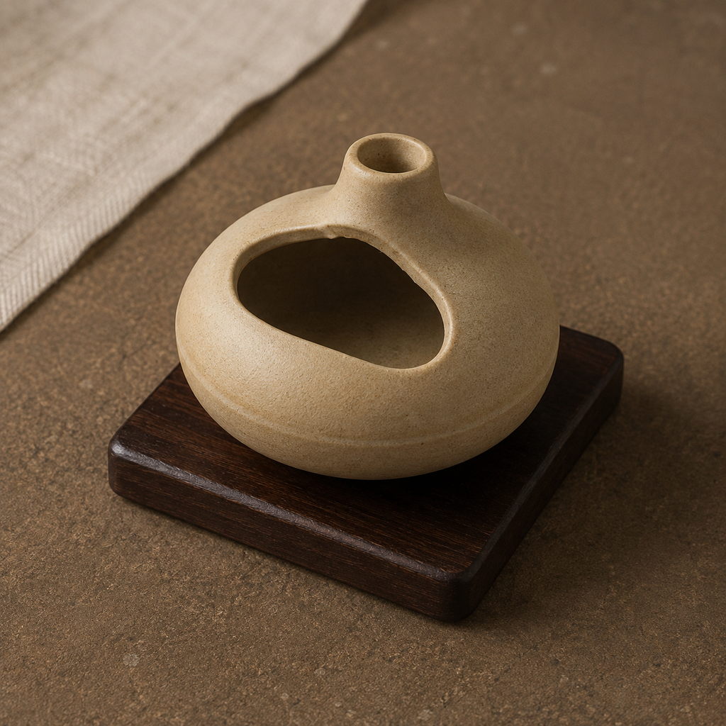 Elevated detail of the sandy ceramic texture, broad opening and dark wood base.
