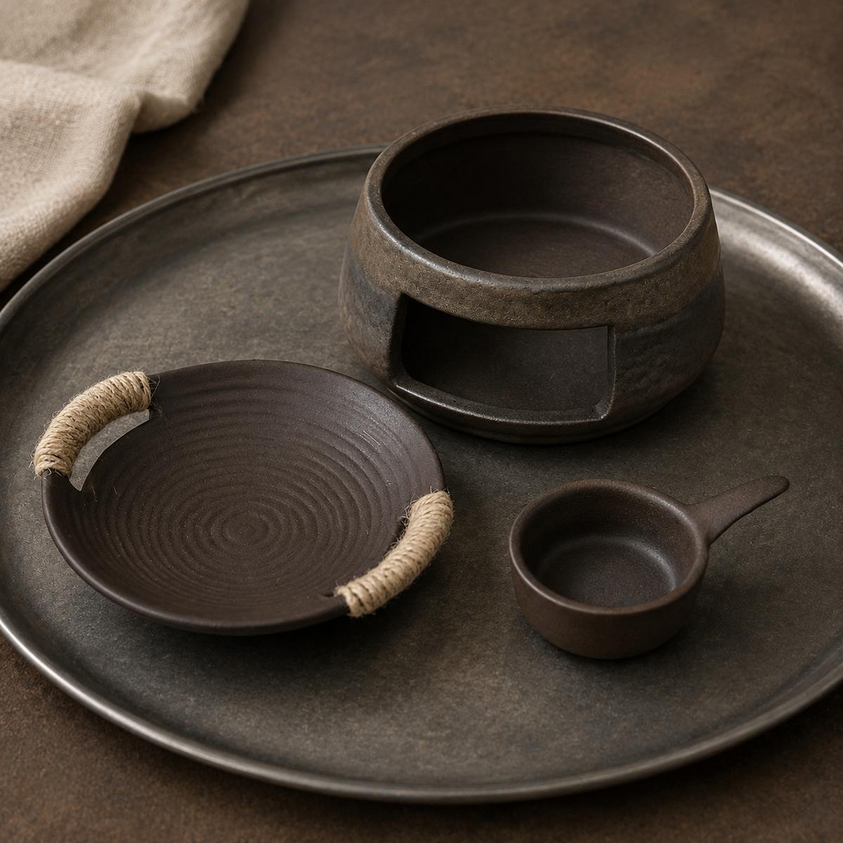 Three separate components of the ceramic tea and aroma warmer set.