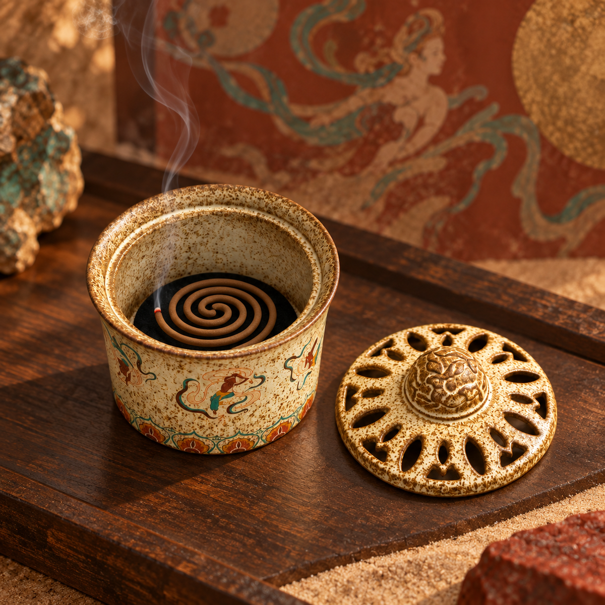 Coil incense resting inside the open Flying Apsaras ceramic burner.