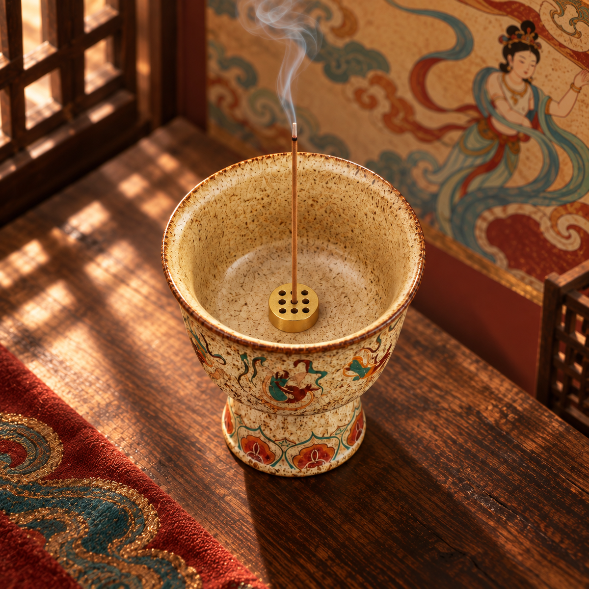 Stick incense positioned inside the Flying Apsaras ceramic pedestal vessel.