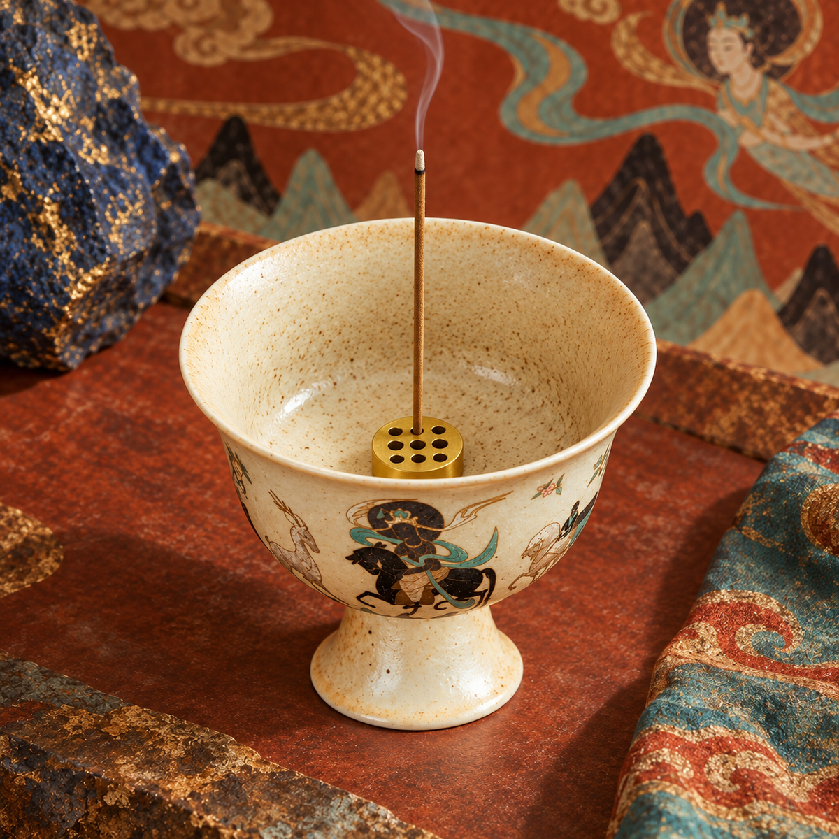 Stick incense held upright by the removable nine-hole base inside the ceramic vessel.