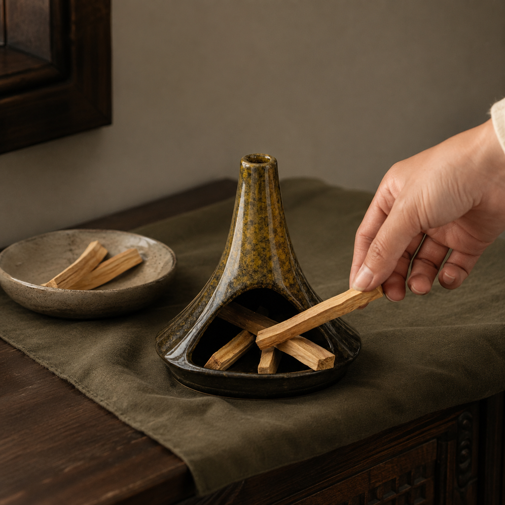 Hand placing an unlit Palo Santo stick inside an Ochre ceramic incense burner.