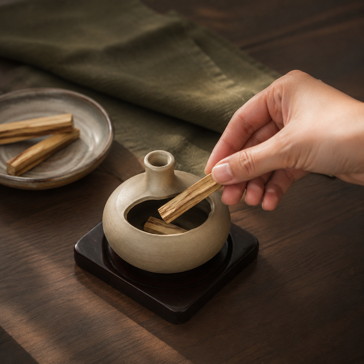 Hand placing an unlit Palo Santo stick inside the low ceramic incense burner.