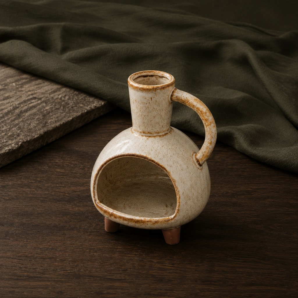 Round Loop ceramic incense burner displayed on dark walnut with deep olive linen.