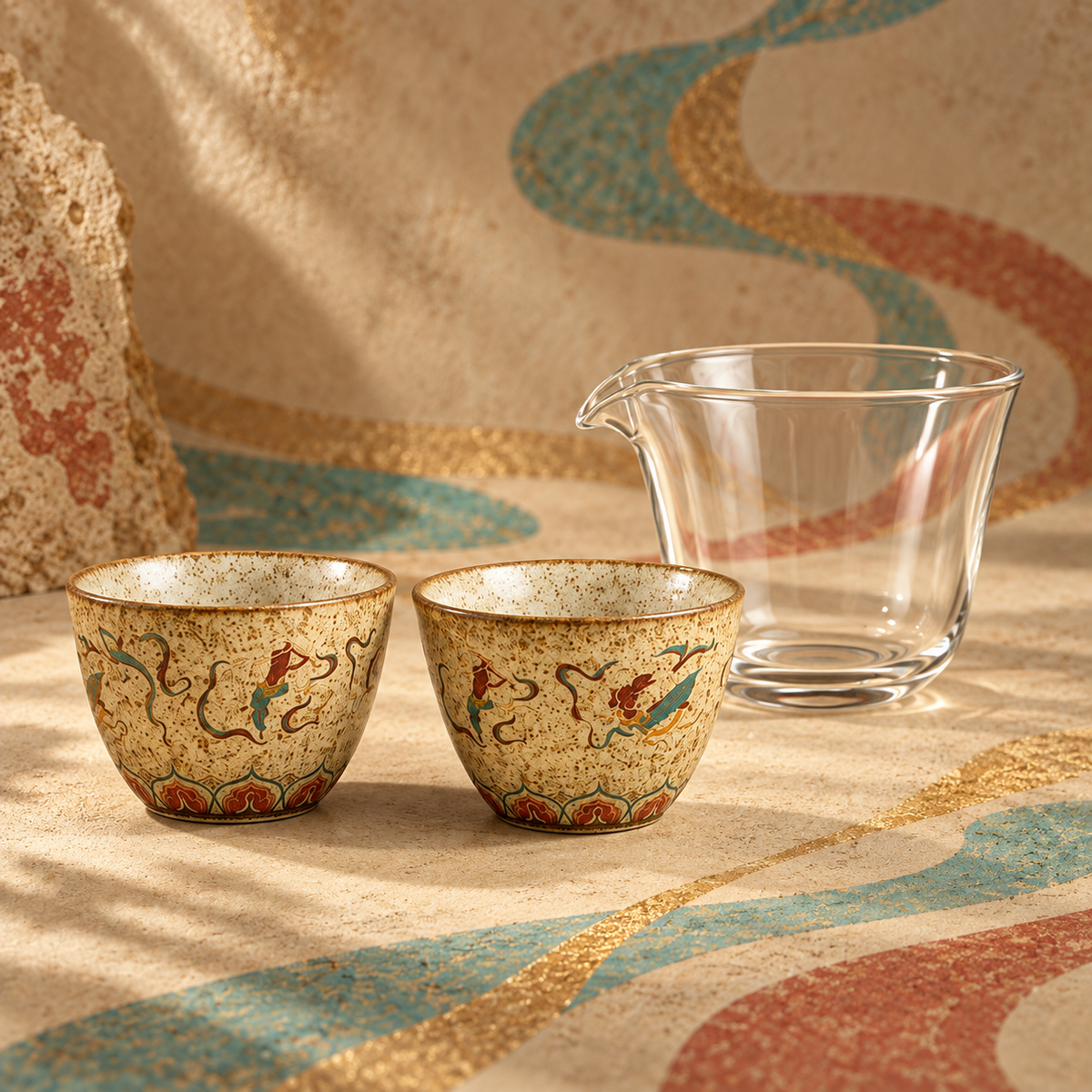 Two decorated ceramic tasting cups with the clear glass sharing pitcher.