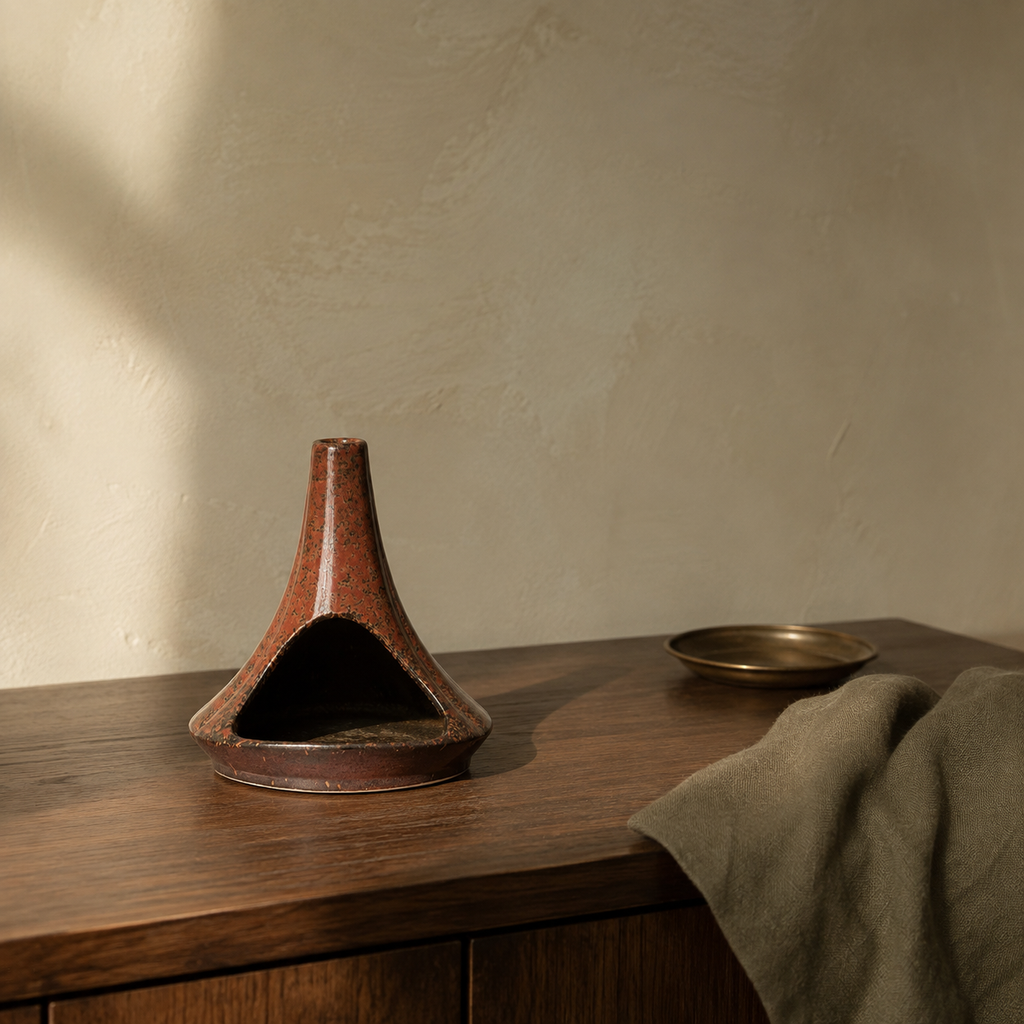 Rust ceramic chimney-form incense burner displayed on dark walnut beside olive linen and an aged brass dish.