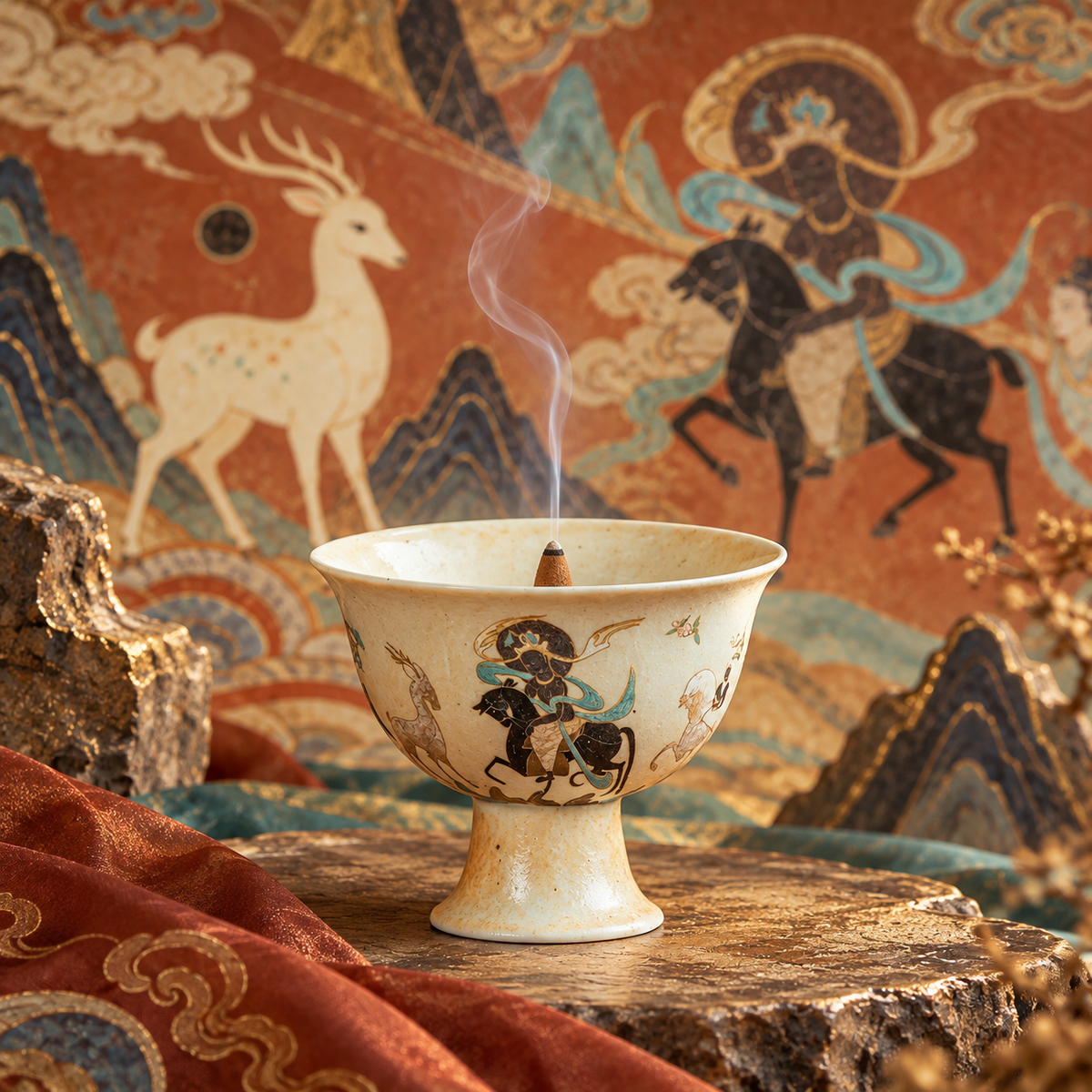 Deer King Jataka pedestal vessel used with a gently smoking incense cone.