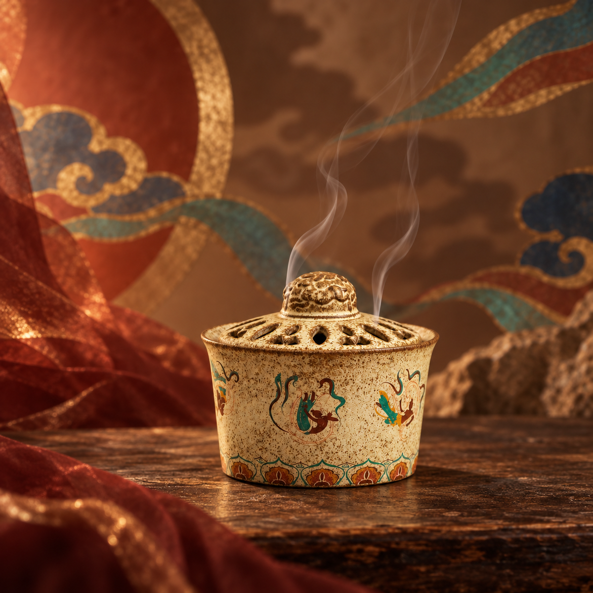 Fragrant smoke diffusing through the patterned lid of the Flying Apsaras incense burner.