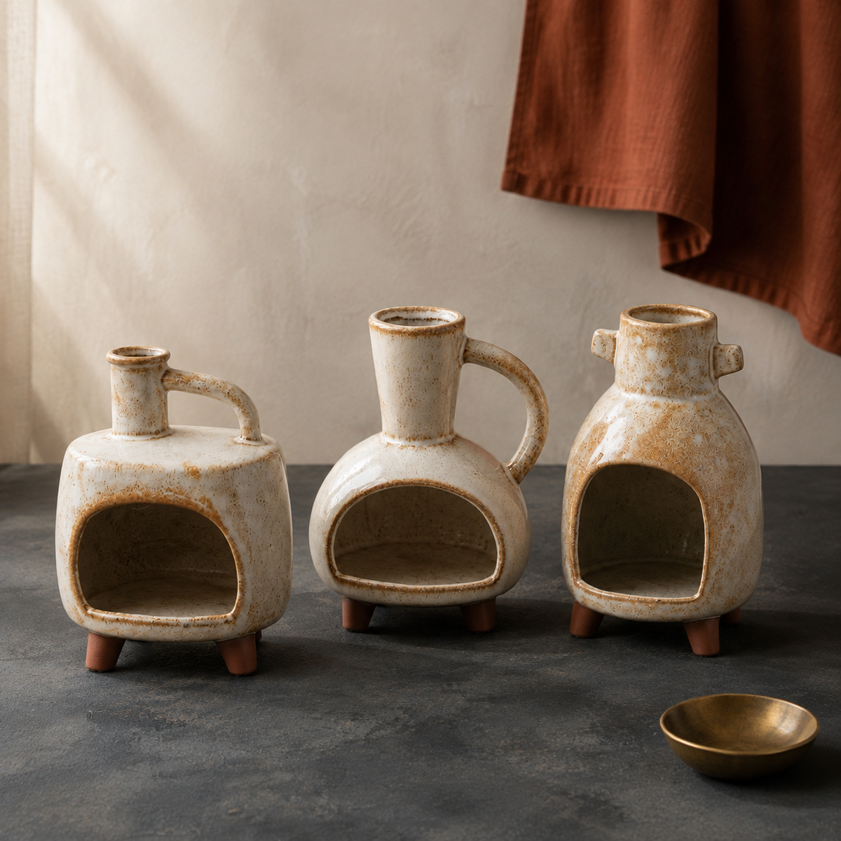 Three cream-speckled ceramic incense burner forms arranged on dark stone with rust linen and an aged brass bowl.