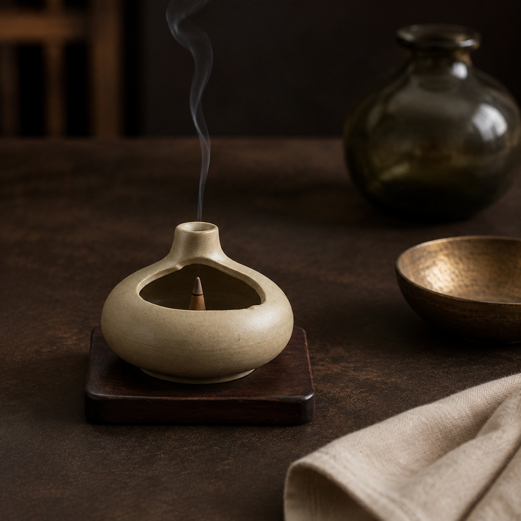 Low ceramic hearth burner used with an incense cone in a warm evening setting.