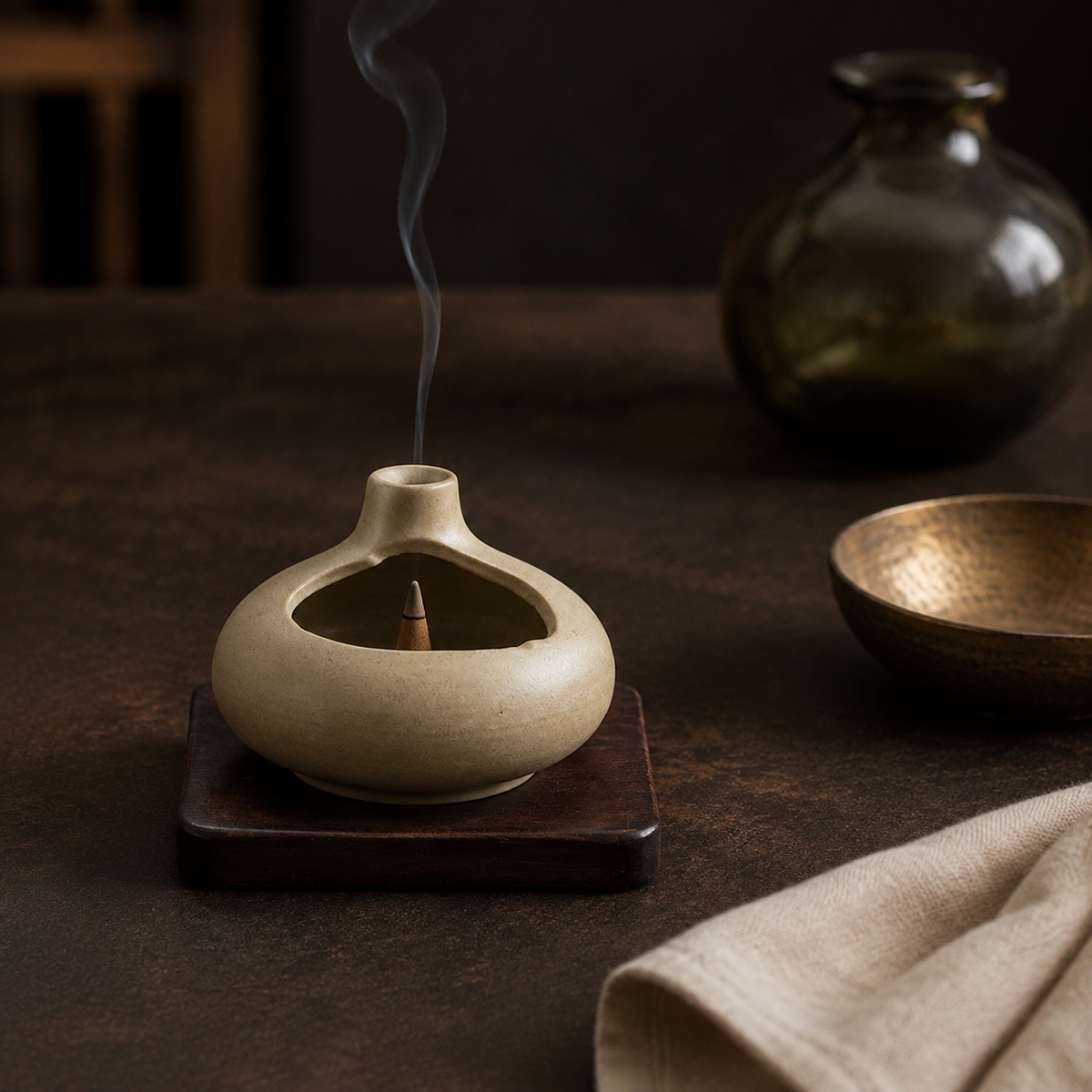 Low ceramic hearth burner used with an incense cone in a warm evening setting.