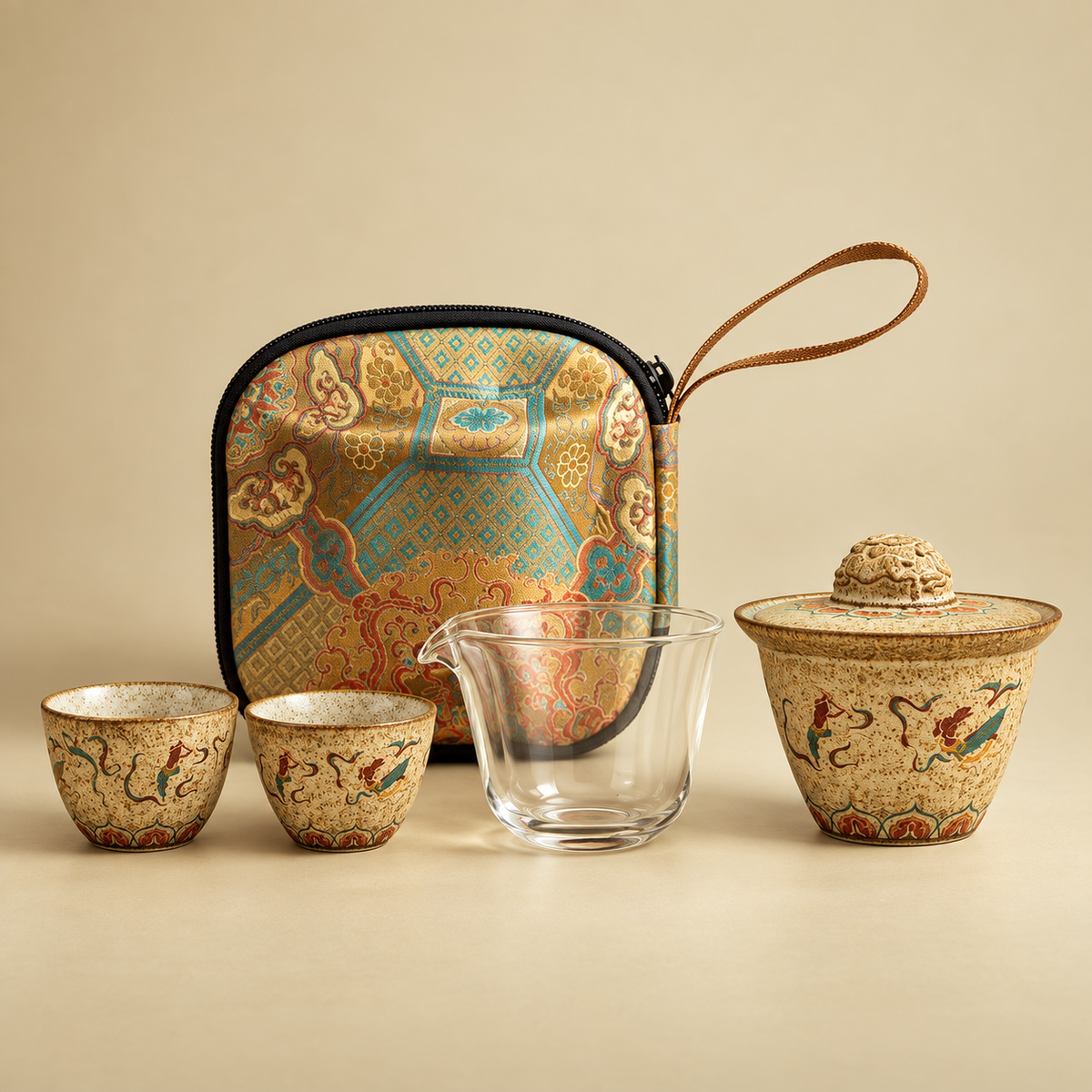 Five-piece Flying Apsaras travel tea set with ceramic brewer, two cups, glass pitcher and carrying case.
