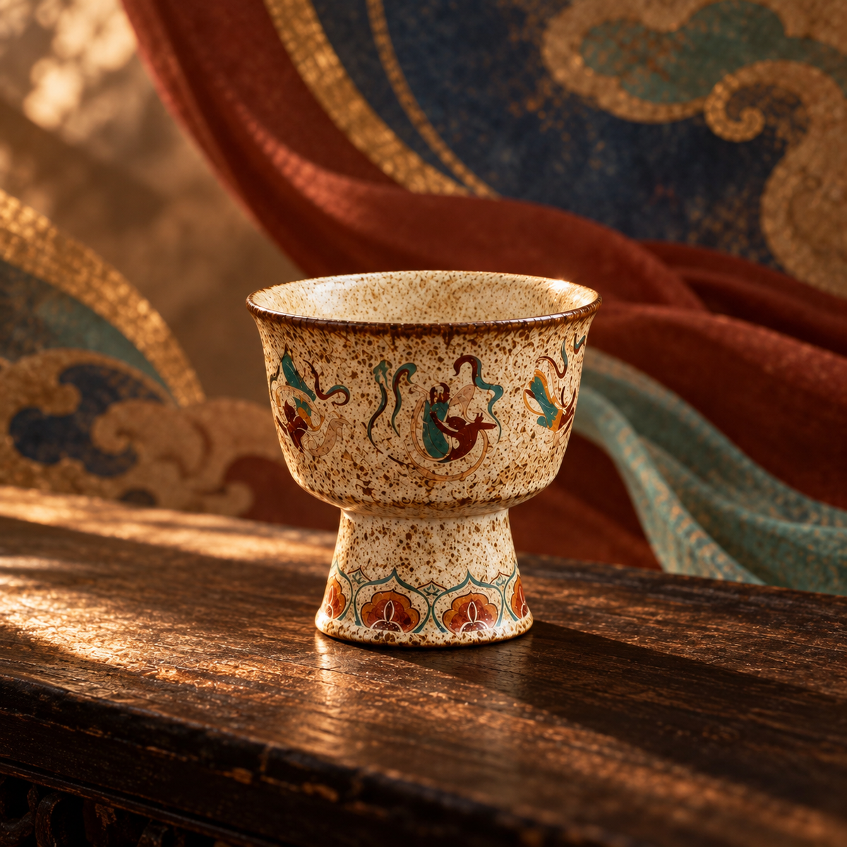 Flying Apsaras incense vessel styled with cinnabar, mineral blue and aged-gold accents.