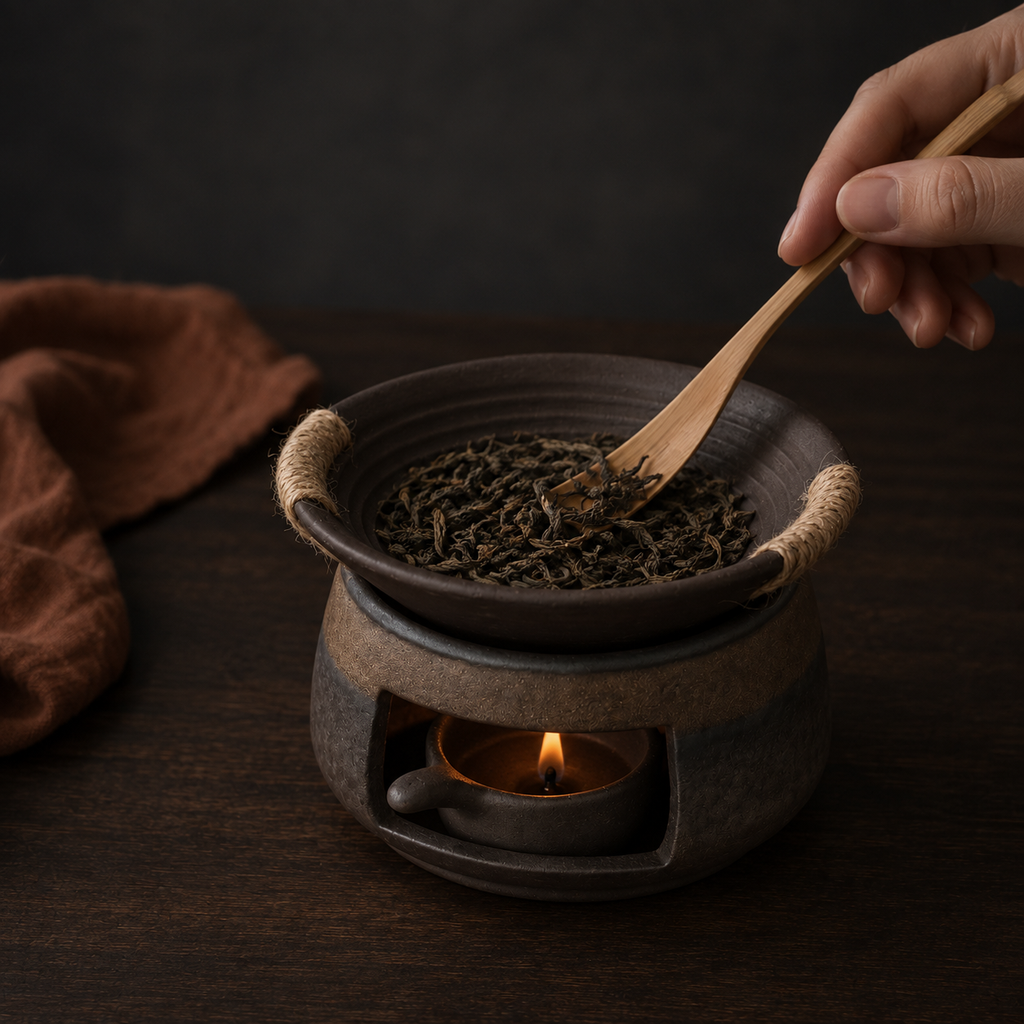 Dry loose tea leaves gently roasted in the upper ceramic bowl and turned with a bamboo tea scoop.