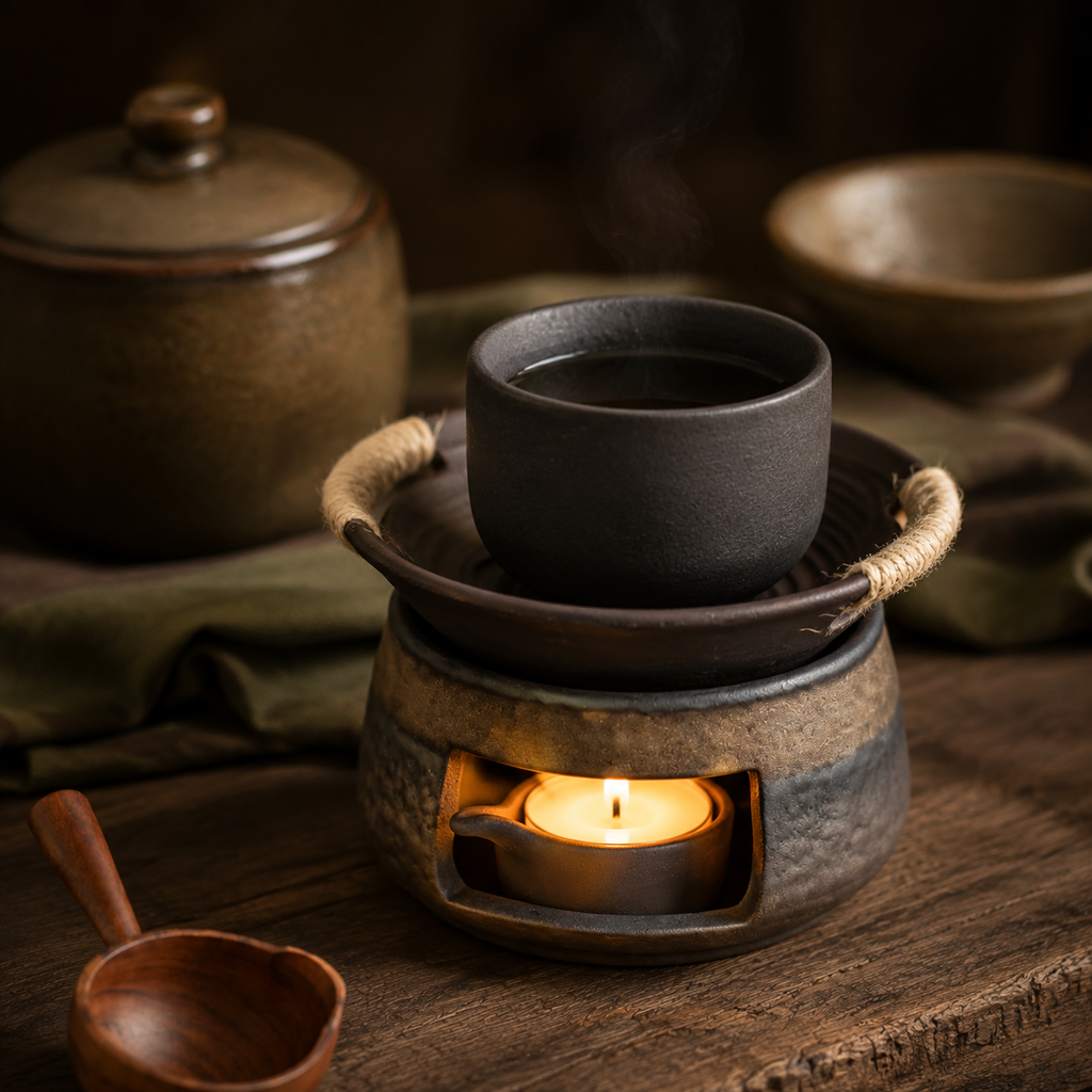 Small tea cup, not included, resting on the ceramic warming bowl.