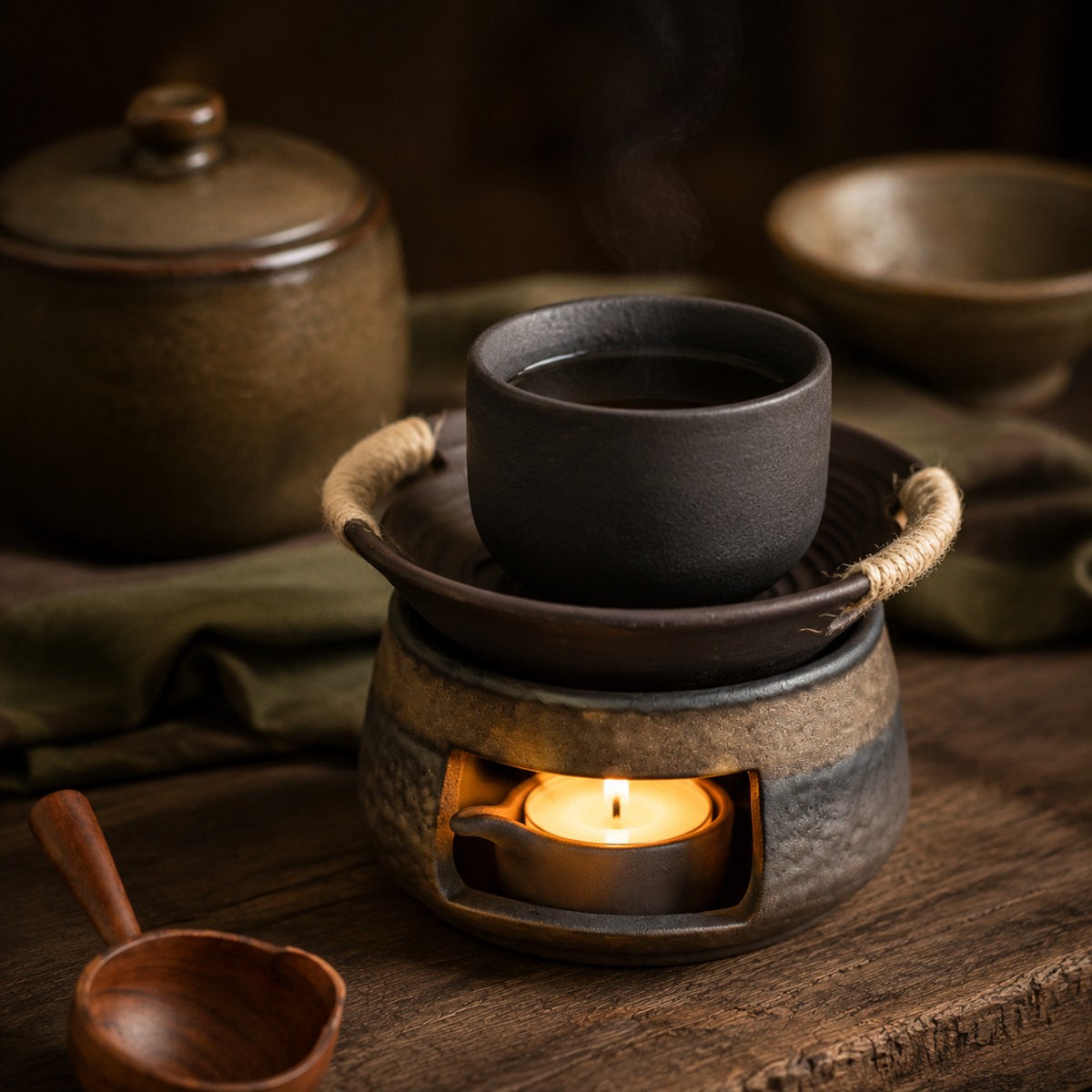Small tea cup, not included, resting on the ceramic warming bowl.