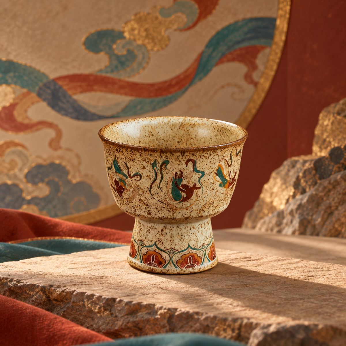 Flying Apsaras ceramic pedestal incense holder against a Dunhuang-inspired mineral-colour backdrop.
