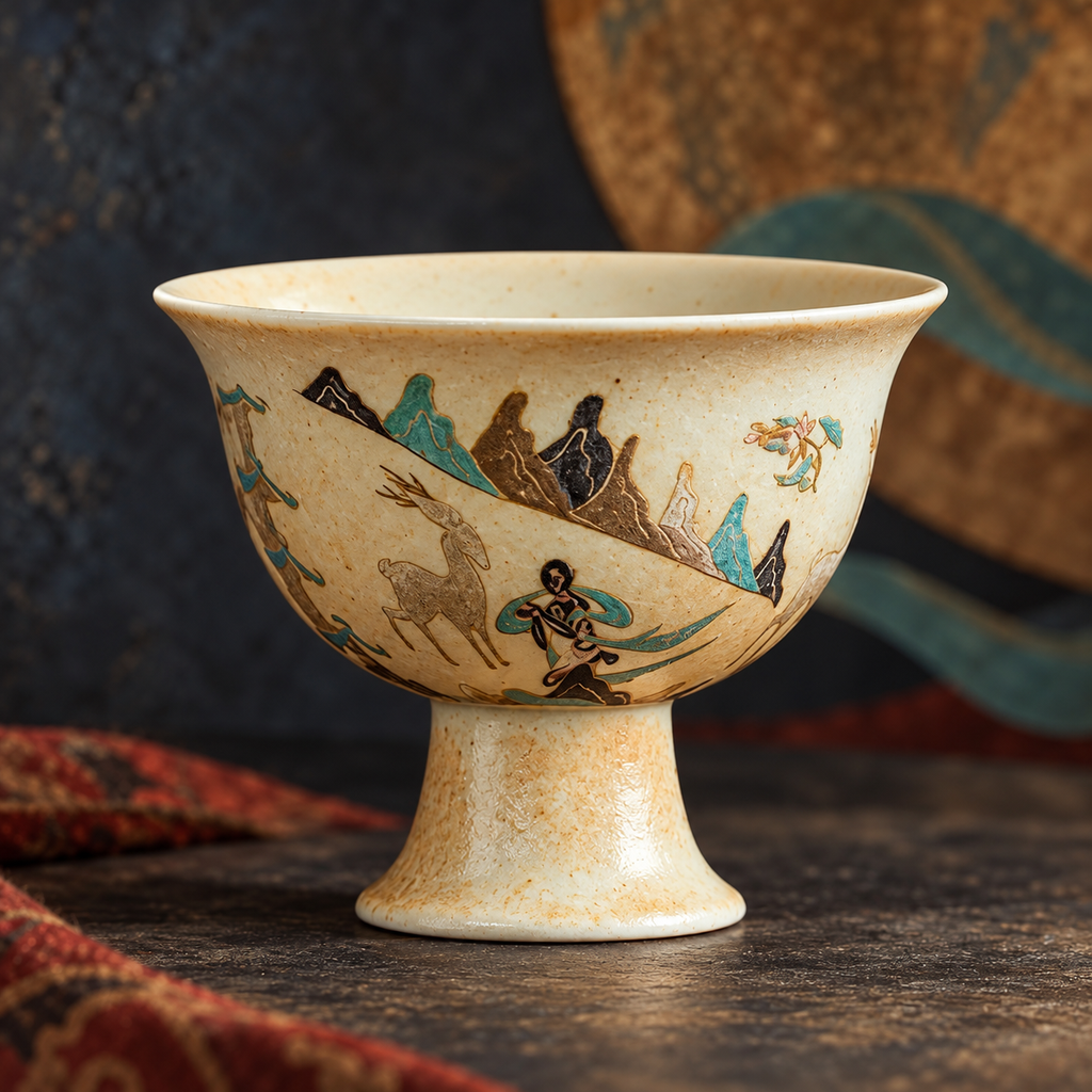 Close view of the Deer King Jataka narrative decoration around the ceramic incense vessel.
