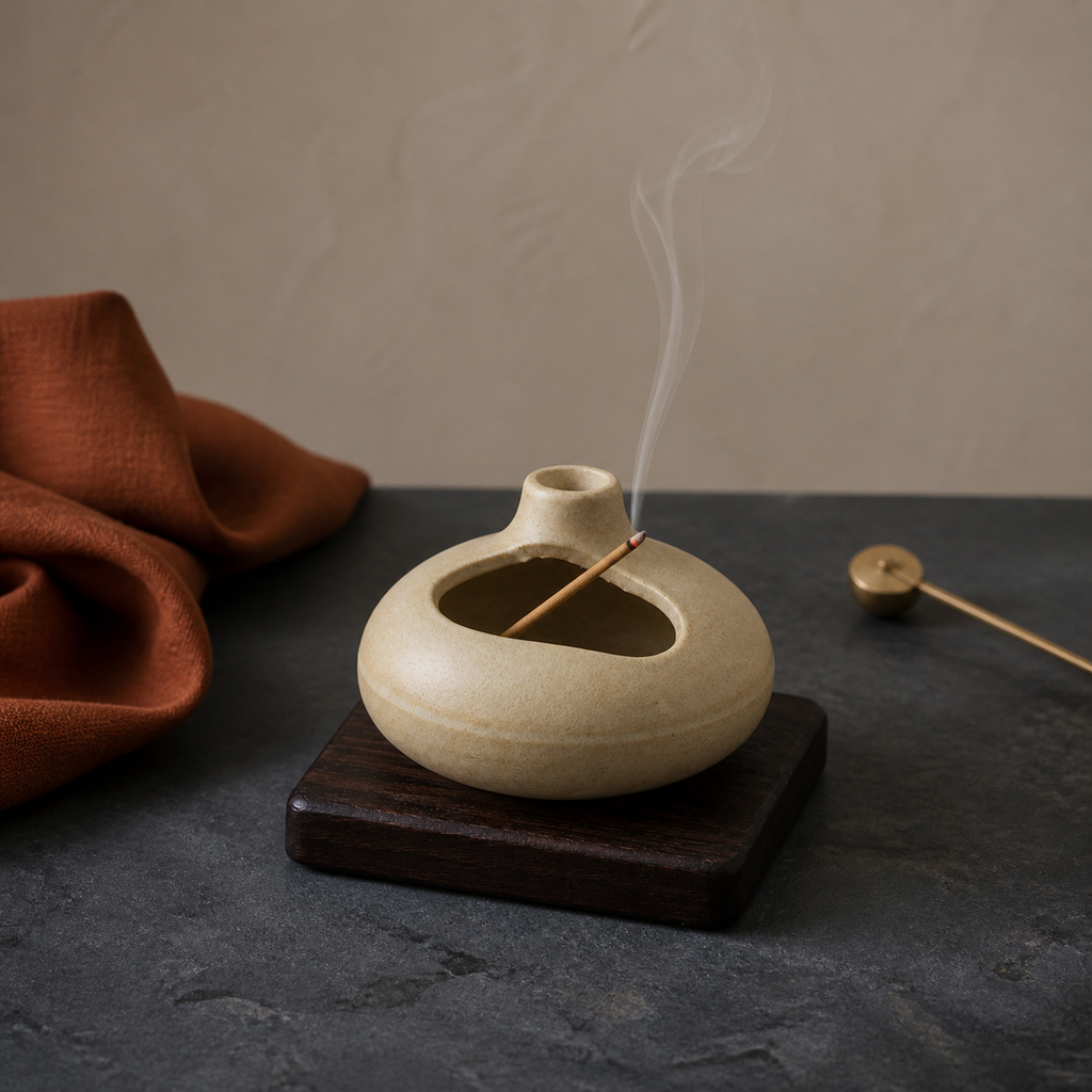 Line incense resting diagonally inside a low ceramic burner with ash contained by the chamber.