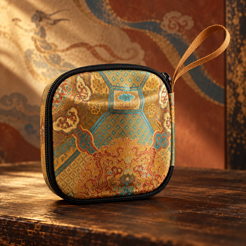 Close view of the patterned zippered travel case with black trim and wrist loop.