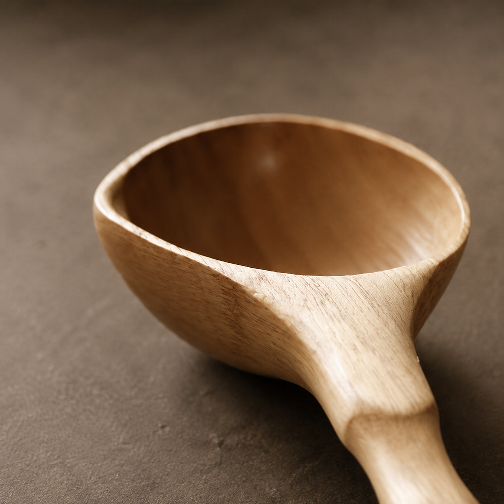 Close view of the natural wood grain and formed pouring lip.