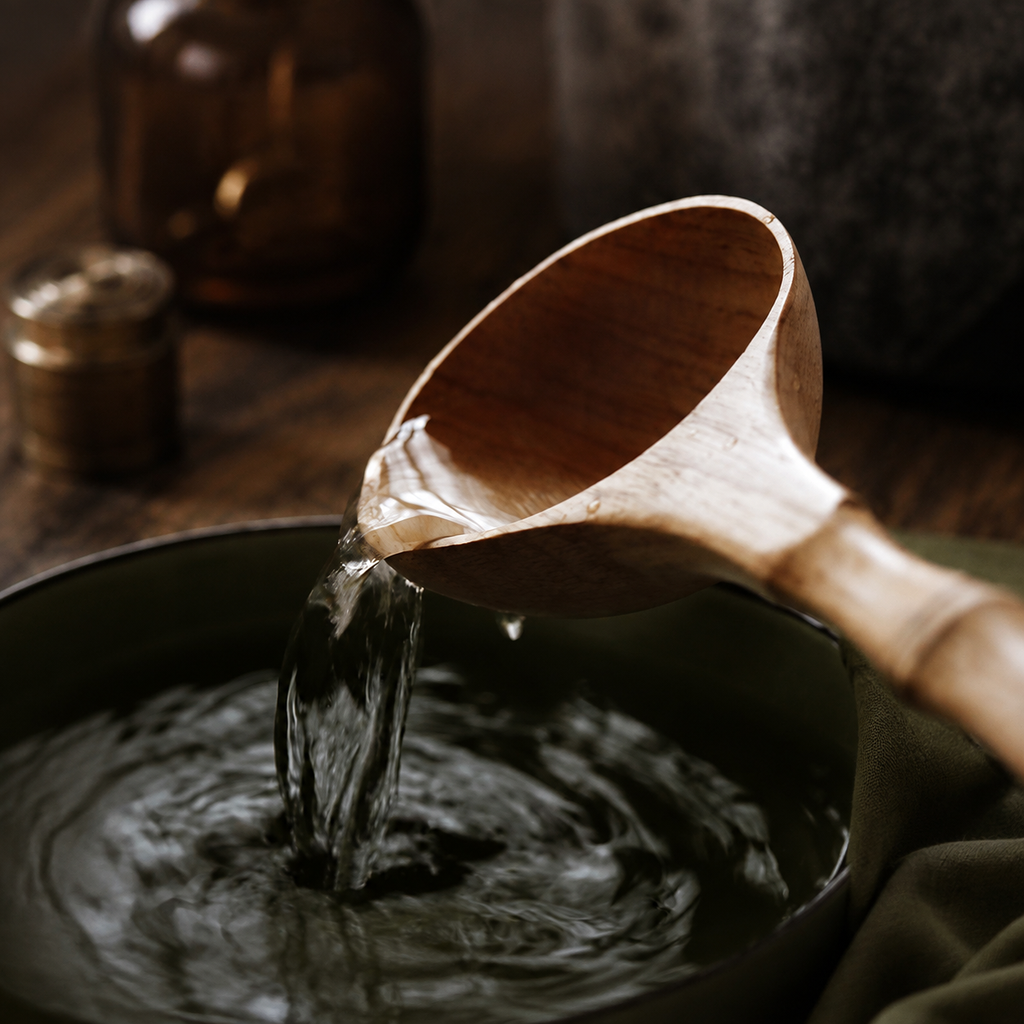 Wooden ladle pouring a clear stream into a dark olive basin.
