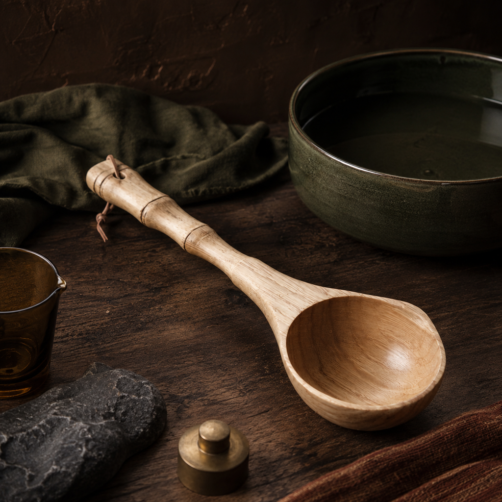 Wooden ladle arranged in a warm brown and olive Angxi interior.