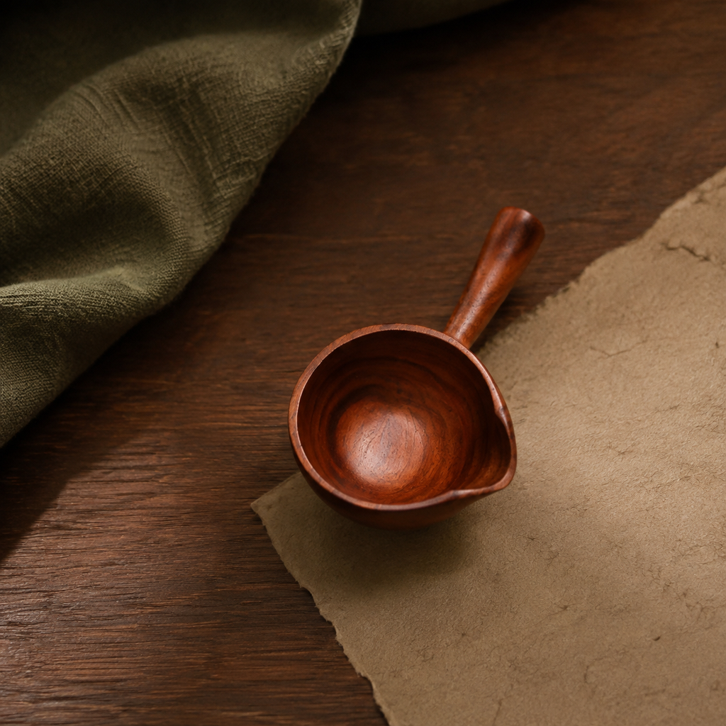 Hand holding a petite acacia wood scoop filled with loose tea leaves.