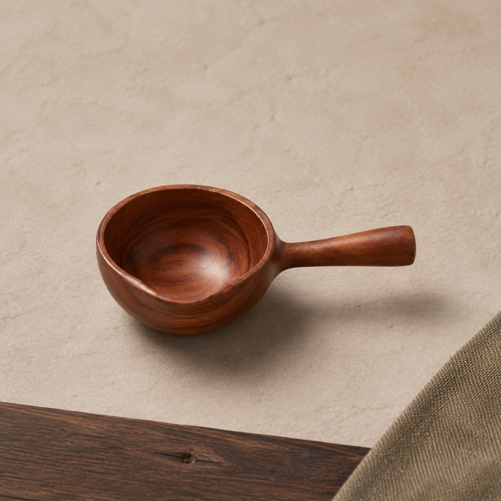 Side view of the petite acacia wood scoop and its short handle.