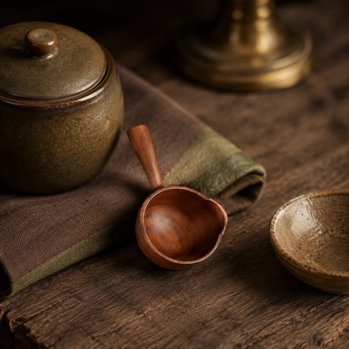 Petite acacia wood scoop styled with olive linen and ceramic tableware.