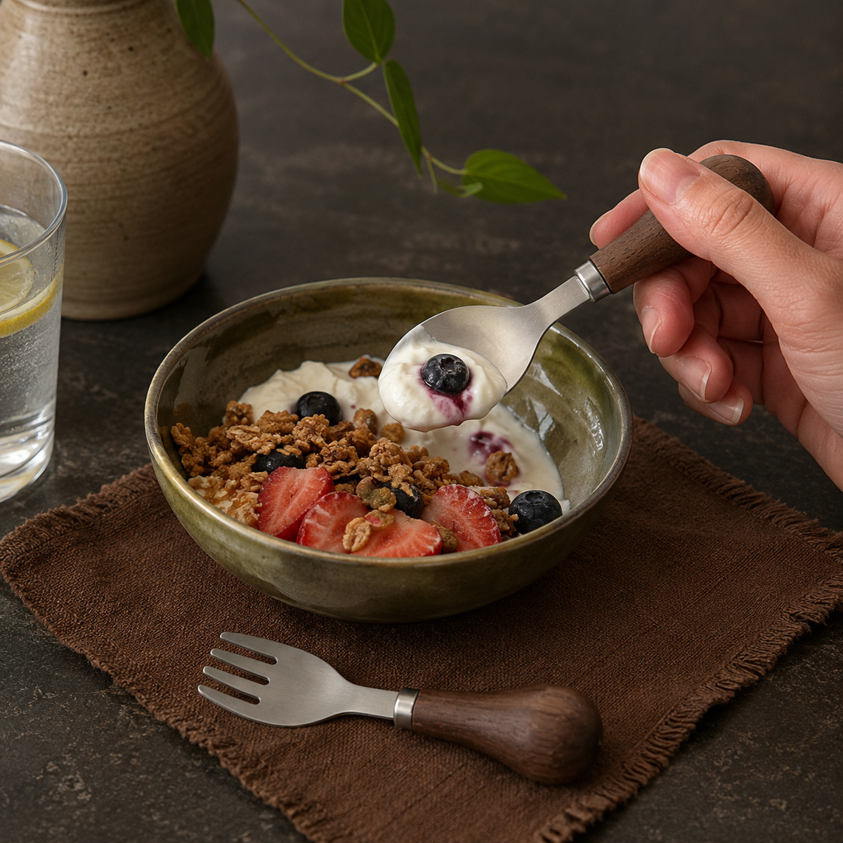 Hand using a petite walnut-handled spoon with a breakfast bowl while the matching fork rests nearby.