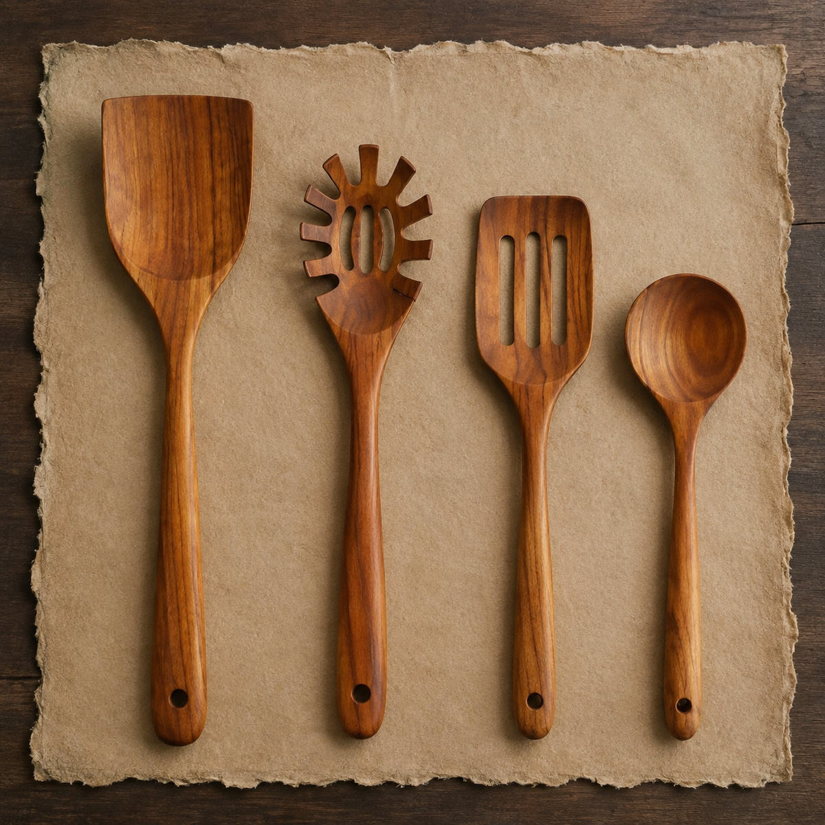 Solid turner, pasta server, three-slot turner and stirring spoon arranged by size.