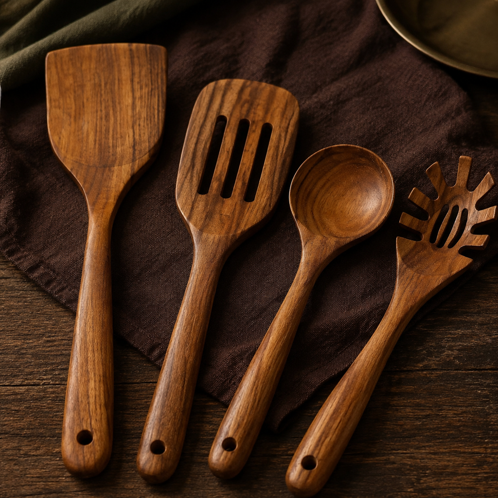 Close view of teak grain and the four distinct utensil head shapes.